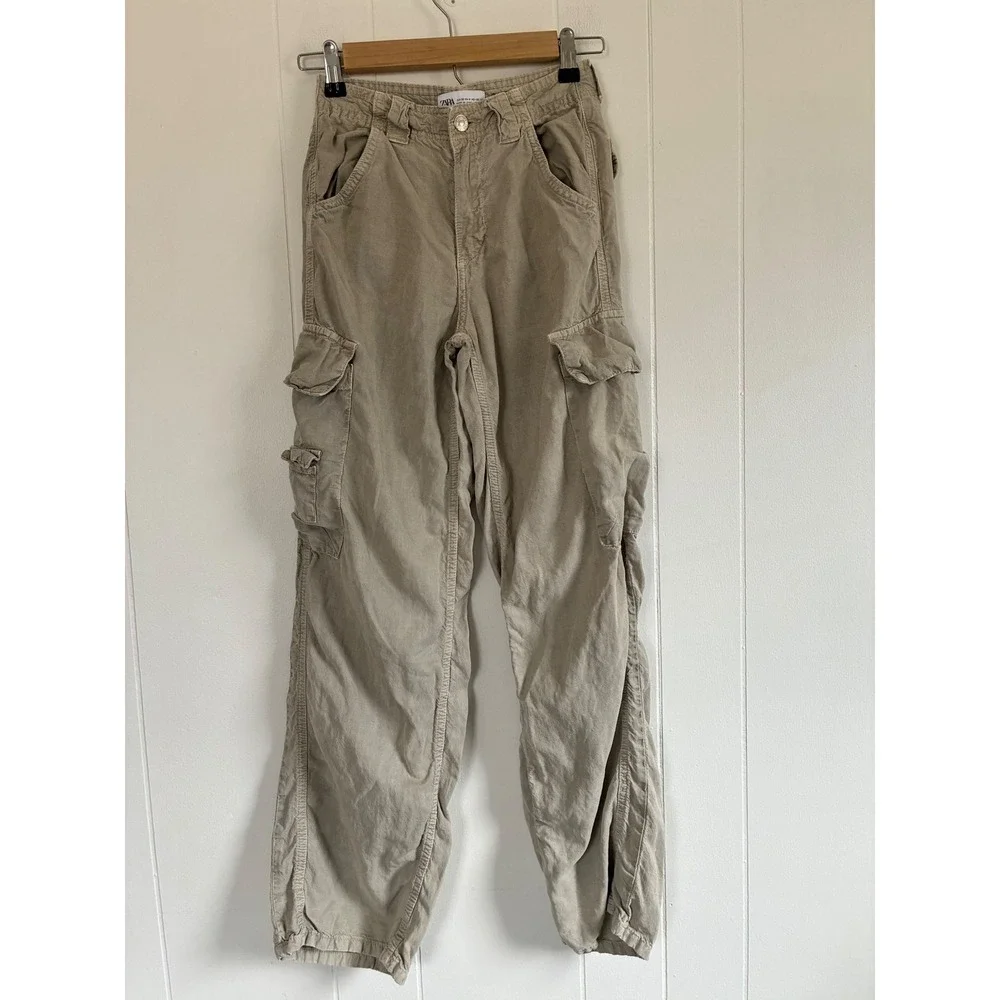 Zara Women Tan Khaki‎ Lyocell Linen Blend Utility Cargo Pants Size 0 EUR 32